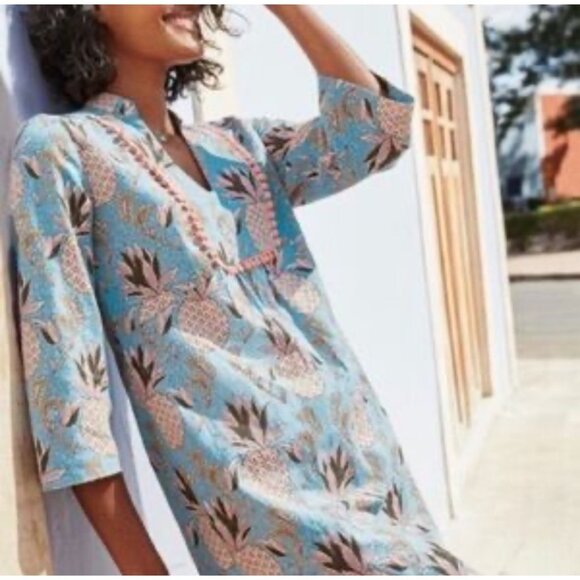 Boden Womens Tunic Top Size 6R Pineapple Print Blue & Pink Bohemian Style Cotton - Picture 5 of 14